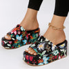 Women Summer Slope Heel Embroidery Slippers Flat Height Increasing Sandals, Size: 42(Black Flower)