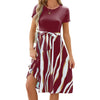 Women Spring Summer Round Neck Splicing Printed Short Sleeve Big Hem Dress, Size: M(Wine Red)