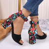 Summer Women Buckle High Heel Sandals Embroidered Chunky Ladies Sandals, Size: 43(Black)