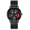 SANDA 1070 3D Oval Hollow Out Wheel Non-rotatable Dial Quartz Watch for Men, Style:Mesh Belt(Black Red)