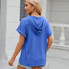 Ladies Summer Hooded Button Loose Short Sleeve T-Shirt Blouse, Size: S(Blue)