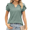 Women V-Neck Button Hollow Loose Short Sleeve T-Shirt Blouse, Size: M(Dark Green)