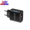 36W Dual Port QC3.0 USB Mobile Phone Charger Dual 18W Output, EU Plug(Black)