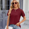 Summer Women Round Neck Flower Lace Patchwork Short Sleeve T-Shirt, Size: S(Wine Red)