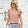 Women V-Neck Button Hollow Loose Short Sleeve T-Shirt Blouse, Size: L(Pink)