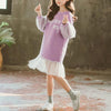 Autumn Girls Fashion Letter Pattern Long Sleeve Lace Stitching Dress, Kid Size:120 Yards(Light Purple)