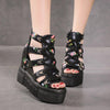 Summer Roman Sandals High Heel Floral Printed Cross Strap Women Shoes, Size: 41(Black)