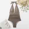 Summer One-piece Backless Lace-Up Ladies Swimsuit Floral-print Halter Bikini, Size: L(Leopard+Coffee)