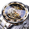 Winner Leisure Skeleton Diamond Luminous Pointer Watch Men Manual Mechanical Watch(Silver Belt Gold Shell Black Face)