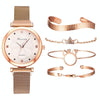 Ladies Magnet Buckle Watch Casual Flower Dial Watch Alloy Mesh Quartz Watch(Gold White+Bracelet)