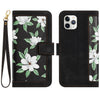 For iPhone 11 Pro Max Floral Pattern Leather Phone Case with Lanyard(Black)