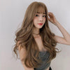 Wig Female Long Hair Big Wave Fluffy Full Headgear Long Curly Hair(Honey Tea Linen 65cm)