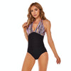 DS40 Ladies Slim and Conservative Halter Neck Swimsuit, Size: L(Red Yellow Strip Leopard Print)