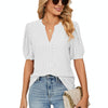 Women Summer Casual V-Neck Hollow Bubble Sleeve Loose T-Shirt, Size: S(White)