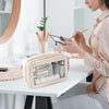 Double Layer PVC Waterproof Travel Cosmetics Storage Pack Large Capacity Wet & Dry Separation Transparent Skylight PU Bag(Beige)