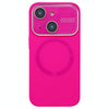 For iPhone 15 Large Window Acrylic Glass Lens MagSafe Silicone Phone Case(Rose Red)