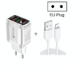 F002C QC3.0 USB + USB 2.0 LED Digital Display Fast Charger with USB to 8 Pin Data Cable, EU Plug(White)
