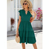 Butterfly Sleeve Layered Hem Dress V-Neck Loose Waist-Cinching Patchwork Dress, Size: M(Dark Green)