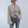 Crop Top Long Sleeve Pullover Turtleneck Leopard Shirt, Size:L(Khaki)