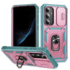 For Samsung Galaxy S25 5G Sliding Camshield TPU Hybrid PC Phone Case with Holder(Pink+Green)
