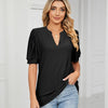 Women Summer Casual V-Neck Hollow Bubble Sleeve Loose T-Shirt, Size: S(Black)