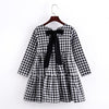 Autumn Girl Cotton Lattice Bow-knot Tie Long Sleeve Dress, Kid Size:140cm(Black and White Lattice)