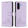 For Samsung Galaxy A56 5G Cat Rat Embossed Pattern RFID Leather Phone Case with Lanyard(Purple)