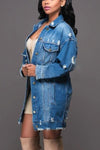 Women Plus Size Mid-length Ripped Denim Trench Coat (XL)