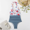 Summer One-piece Backless Lace-Up Ladies Swimsuit Floral-print Halter Bikini, Size: L(Red Flower+Blue)