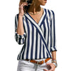 Women Striped Shirt Long Sleeve V-neck Shirts Casual Tops Blouse, Size:XXL(Navy Blue)