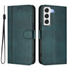 For Samsung Galaxy S21 FE 5G Line Splicing Buckle Retro Leather Phone Case(Dark Green)