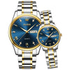 1pair OLEVS 5563 Couple Luminous Waterproof Quartz Watch(Blue + Gold)