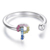 S925 Sterling Silver 26 English Letters Colorful Zircon Women Open Ring, Style:P