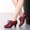 Latin Dance Shoes Women Leather Square Dance Soft Soled Medium Heels Shoes, Size: 35(Wine Red)