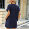 Women Spring Summer Round Neck Pocket Loose Short Sleeve Dress, Size: M(Navy)
