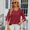 Summer Women Loose Chiffon Blouse Tops Round Neck 5 Points Sleeve Short Sleeve, Size: XL(Wine Red)