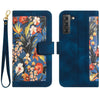 For Samsung Galaxy S21+ 5G Floral Pattern Leather Phone Case with Lanyard(Dark Blue)