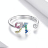 S925 Sterling Silver 26 English Letters Colorful Zircon Women Open Ring, Style:M