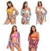 Bikini + Mesh Shawl + Split Swimsuit Women Swimsuit With Chest Pad, Size: XL(White Orange Flowers)