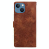 For iPhone 15 Lace Floral Embossed Magnetic Buckle Leather Phone Case(Brown)