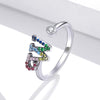 S925 Sterling Silver 26 English Letters Colorful Zircon Women Open Ring, Style:W
