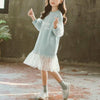 Autumn Girls Fashion Letter Pattern Long Sleeve Lace Stitching Dress, Kid Size:150 Yards(Light Blue)