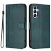 For Samsung Galaxy A14 4G / 5G Line Splicing Buckle Retro Leather Phone Case(Dark Green)