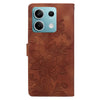 For Redmi Note 13 5G Lace Floral Embossed Magnetic Buckle PU Phone Case With Wrist Strap(Brown)