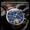 OLEVS 6658 Men Luminous Waterproof Leather Strap Mechanical Watch(Blue + Rose Gold)