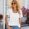Spring and Summer Square Neck Pleated Short Sleeve Ladies Loose T-Shirt Top, Size: S(White)