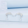 BSE747 Sterling Silver S925 White Gold Plated Feather Drop Zirconia Stud Earrings