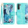 For Samsung Galaxy S21 FE 5G Floral Pattern Leather Phone Case with Lanyard(Green)