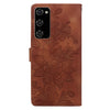 For Samsung Galaxy S20 FE Lace Floral Embossed Magnetic Buckle PU Phone Case With Wrist Strap(Brown)
