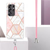 For Samsung Galaxy S25 Ultra 5G Electroplating IMD Splicing Dual-side Marble TPU Phone Case with Lanyard(Pink White)